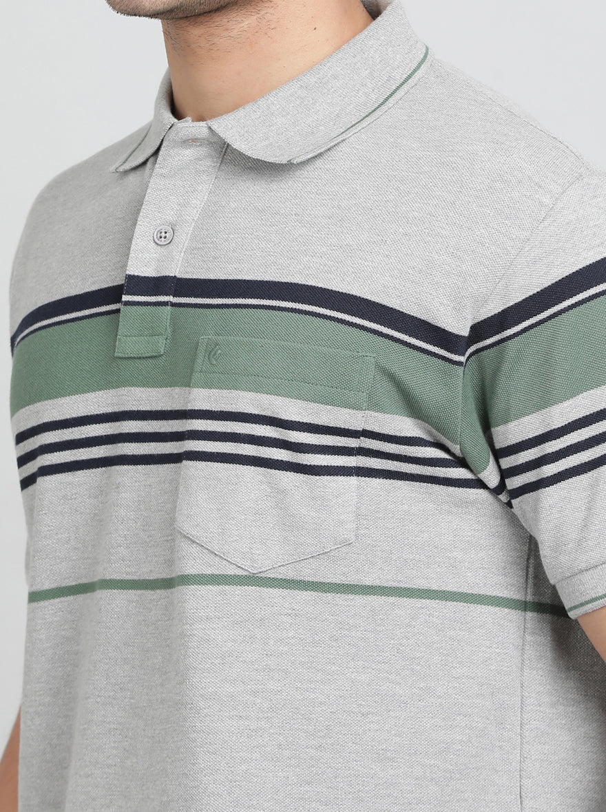 Grey Striped Regular Fit Polo T-Shirt | Greenfibre