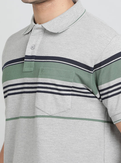 Grey Striped Regular Fit Polo T-Shirt | Greenfibre