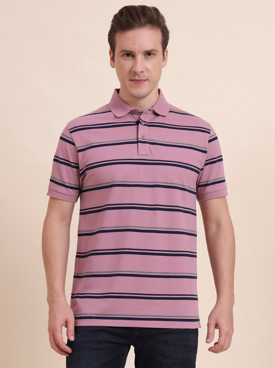 Onion & Navy Blue Striped Slim Fit Polo T-Shirt | JadeBlue