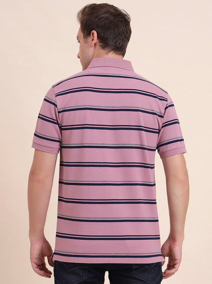 Onion & Navy Blue Striped Slim Fit Polo T-Shirt | JadeBlue