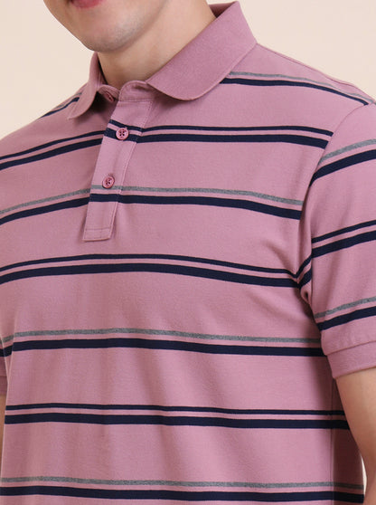 Onion & Navy Blue Striped Slim Fit Polo T-Shirt | JadeBlue