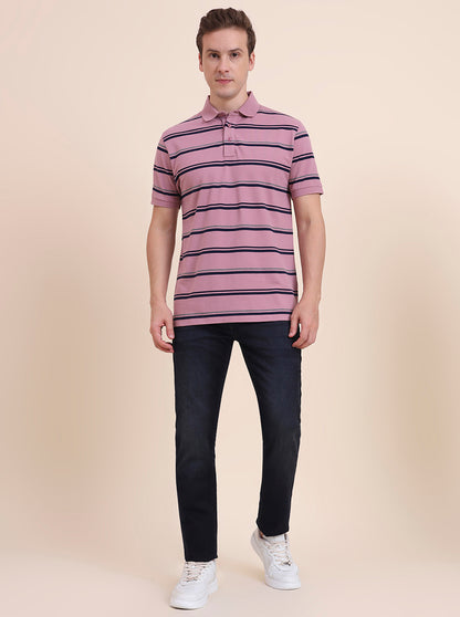 Onion & Navy Blue Striped Slim Fit Polo T-Shirt | JadeBlue