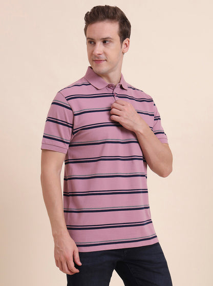 Onion & Navy Blue Striped Slim Fit Polo T-Shirt | JadeBlue