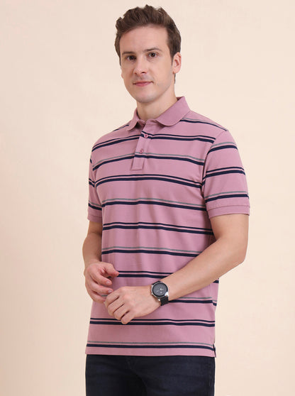Onion & Navy Blue Striped Slim Fit Polo T-Shirt | JadeBlue