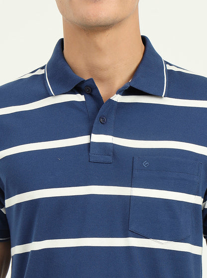 Navy Blue & White Striped Slim Fit Polo T-Shirt | Greenfibre