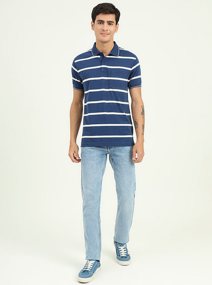 Navy Blue & White Striped Slim Fit Polo T-Shirt | Greenfibre