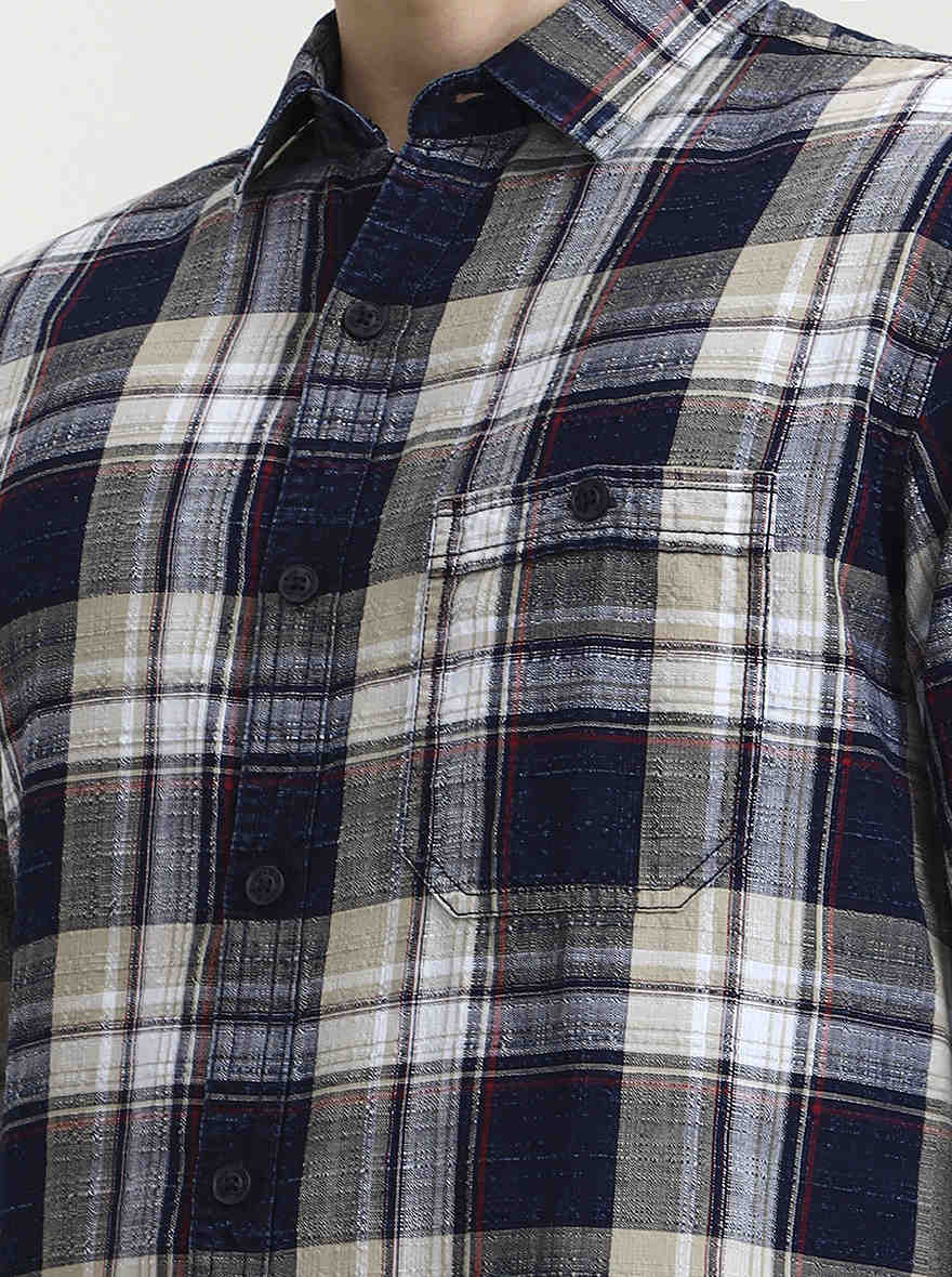 Blue & Pista Checked Slim Fit Casual Shirt | JadeBlue