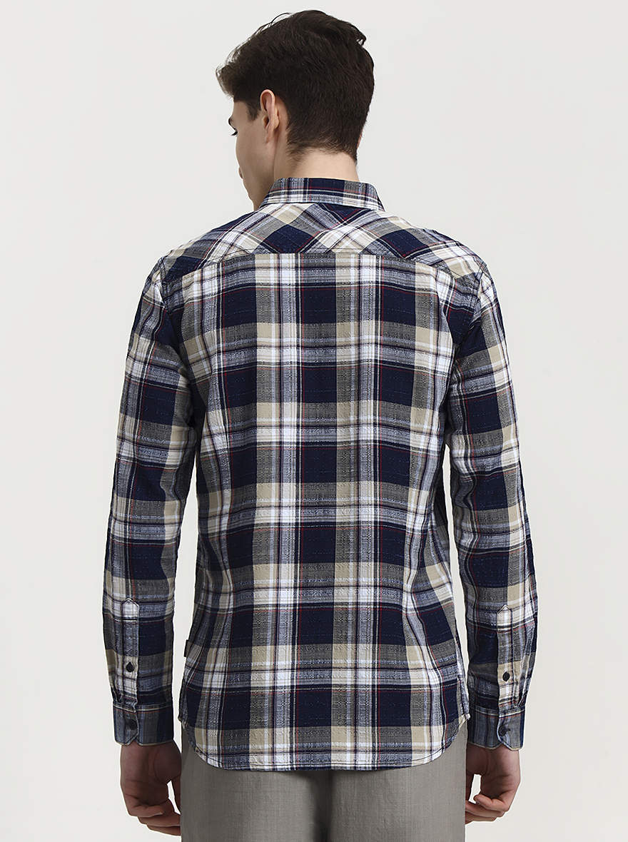 Blue & Pista Checked Slim Fit Casual Shirt | JadeBlue