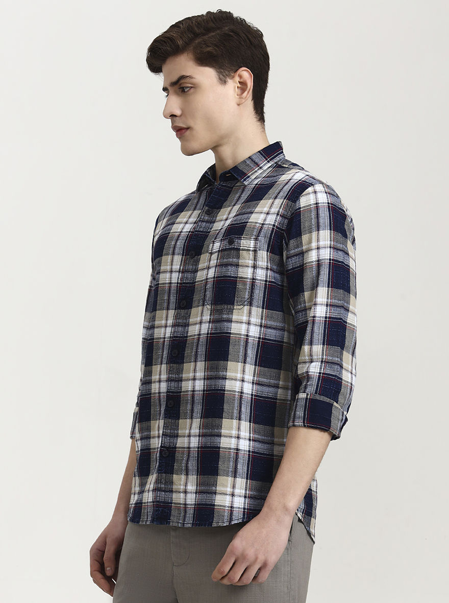 Blue & Pista Checked Slim Fit Casual Shirt | JadeBlue