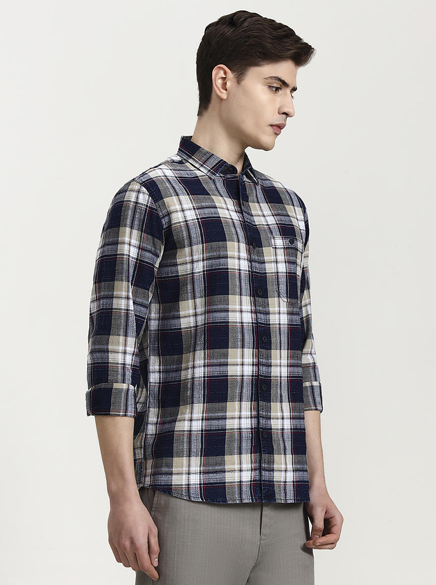 Blue & Pista Checked Slim Fit Casual Shirt | JadeBlue