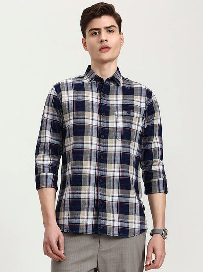Blue & Pista Checked Slim Fit Casual Shirt | JadeBlue