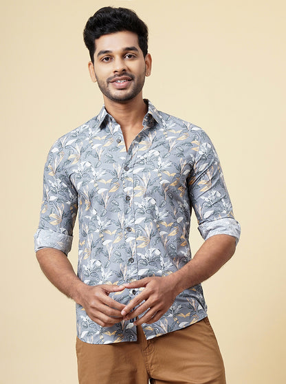 Grey Printed Slim Fit Casual Shirt | JadeBlue