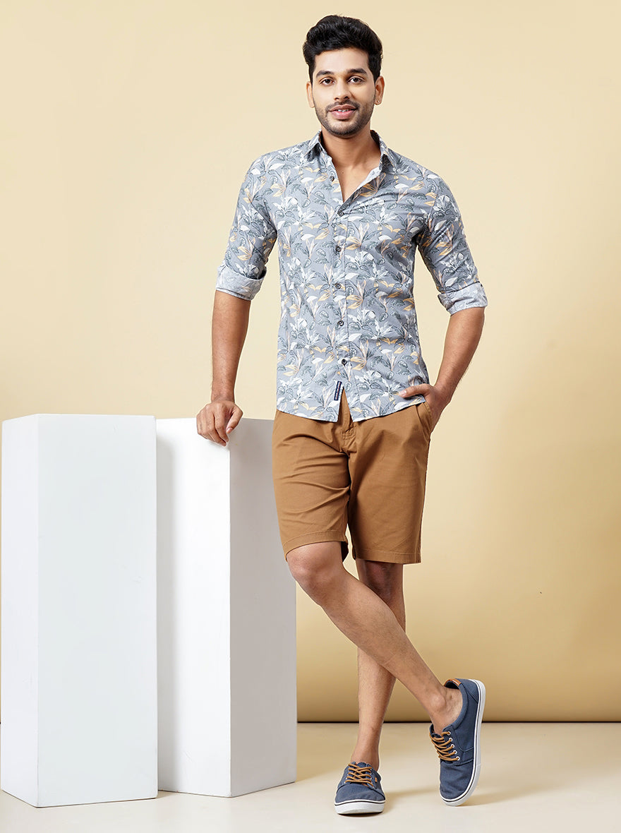 Grey Printed Slim Fit Casual Shirt | JadeBlue