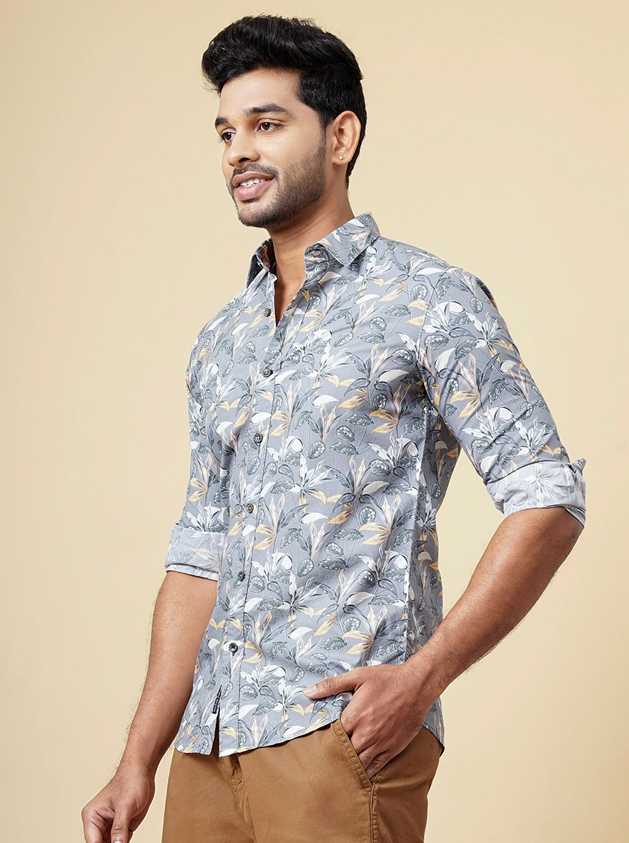 Grey Printed Slim Fit Casual Shirt | JadeBlue
