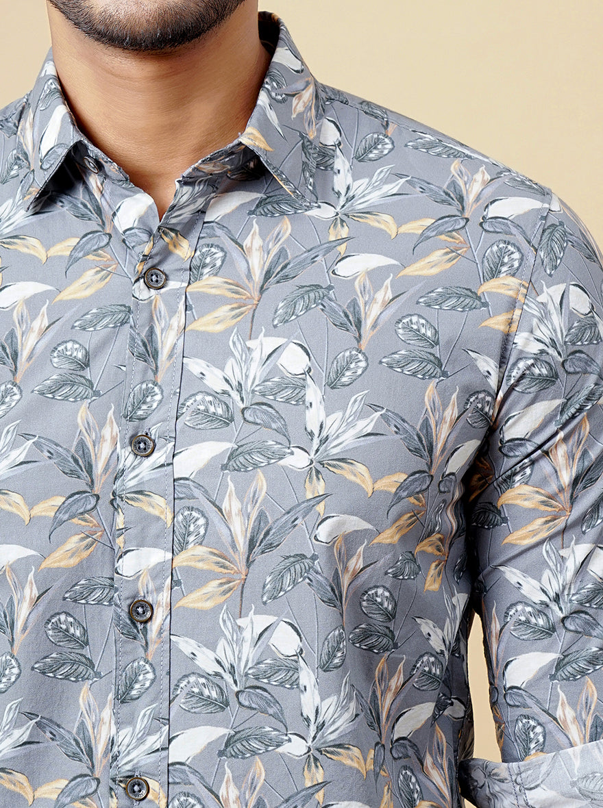 Grey Printed Slim Fit Casual Shirt | JadeBlue