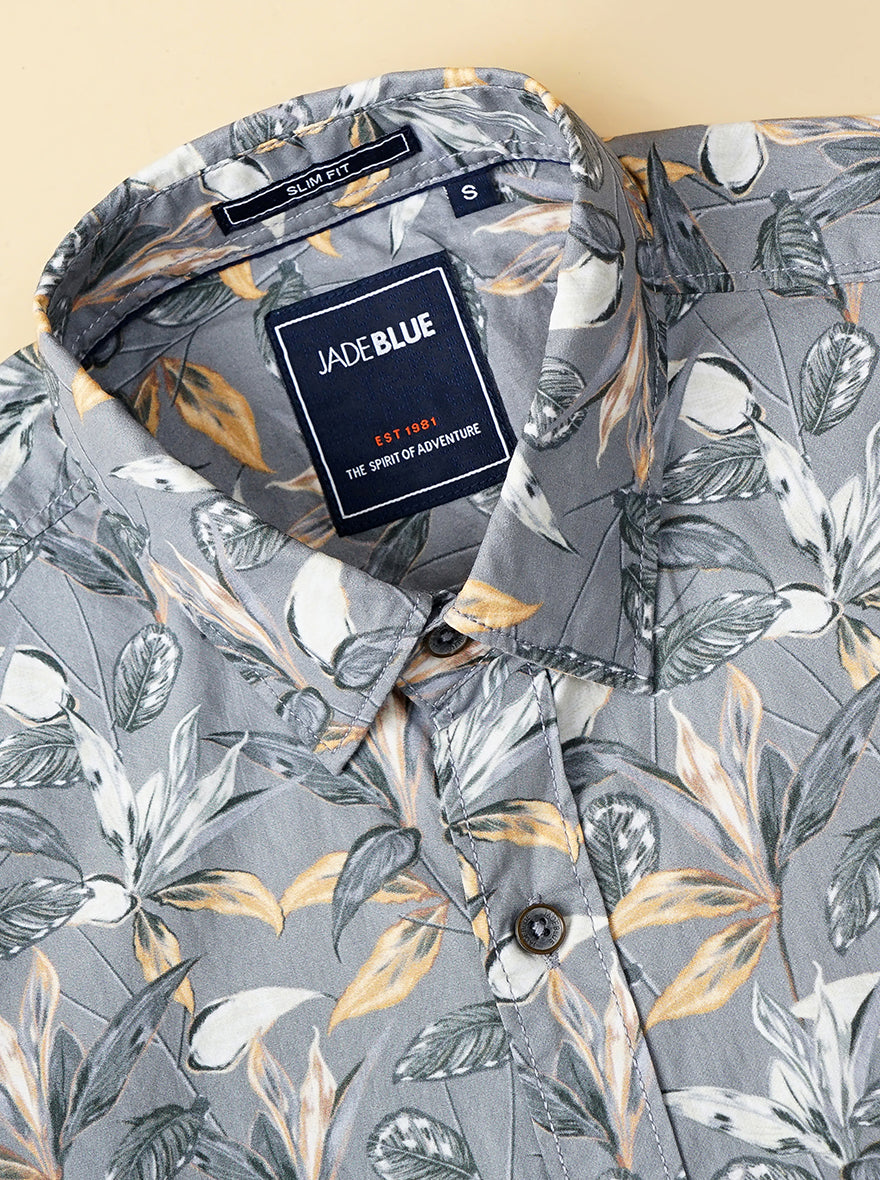 Grey Printed Slim Fit Casual Shirt | JadeBlue