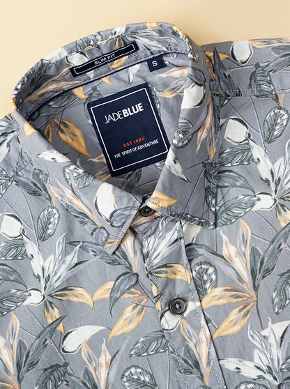 Grey Printed Slim Fit Casual Shirt | JadeBlue