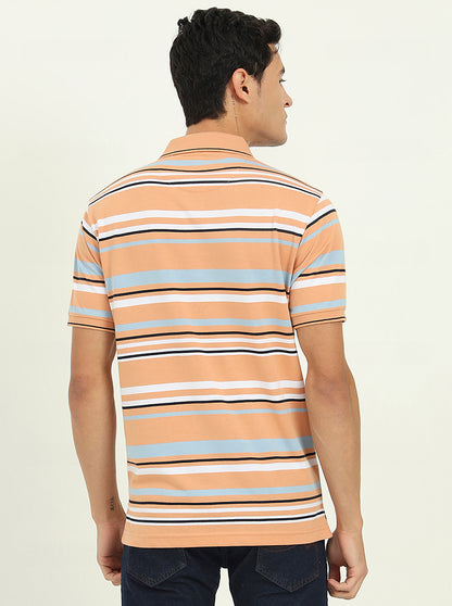 Orange & Stone Blue Striped Slim Fit Polo T-Shirt | Greenfibre