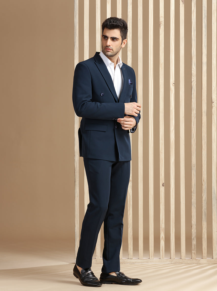 Navy Blue Self Textured Suit | JadeBlue