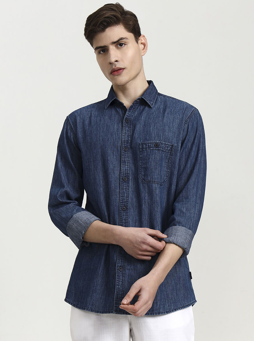 Navy Blue Solid Slim Fit Casual Shirt | JadeBlue