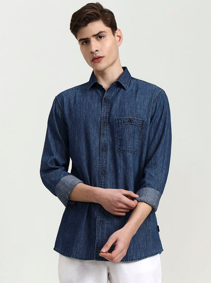 Navy Blue Solid Slim Fit Casual Shirt | JadeBlue