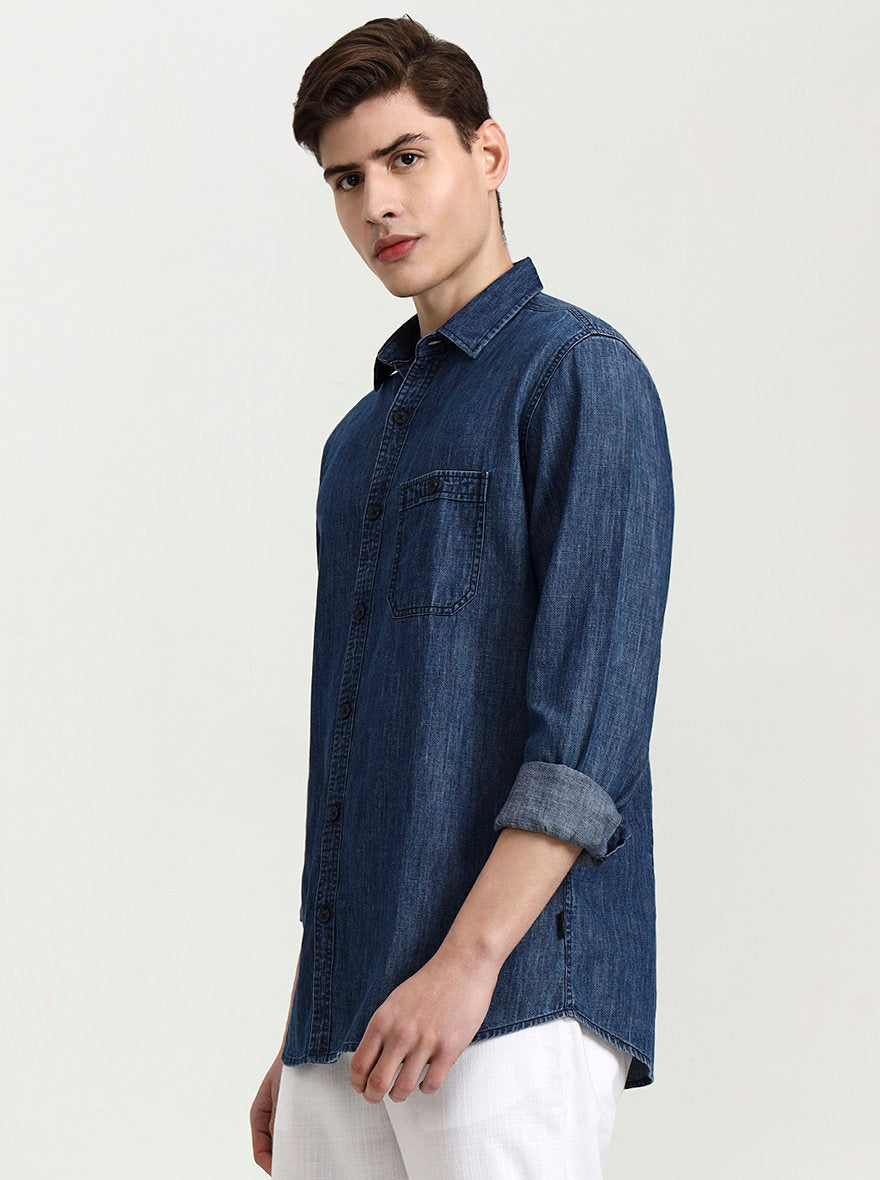 Navy Blue Solid Slim Fit Casual Shirt | JadeBlue