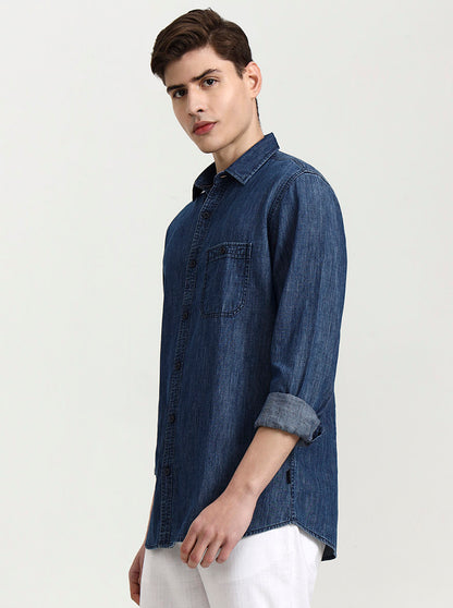 Navy Blue Solid Slim Fit Casual Shirt | JadeBlue