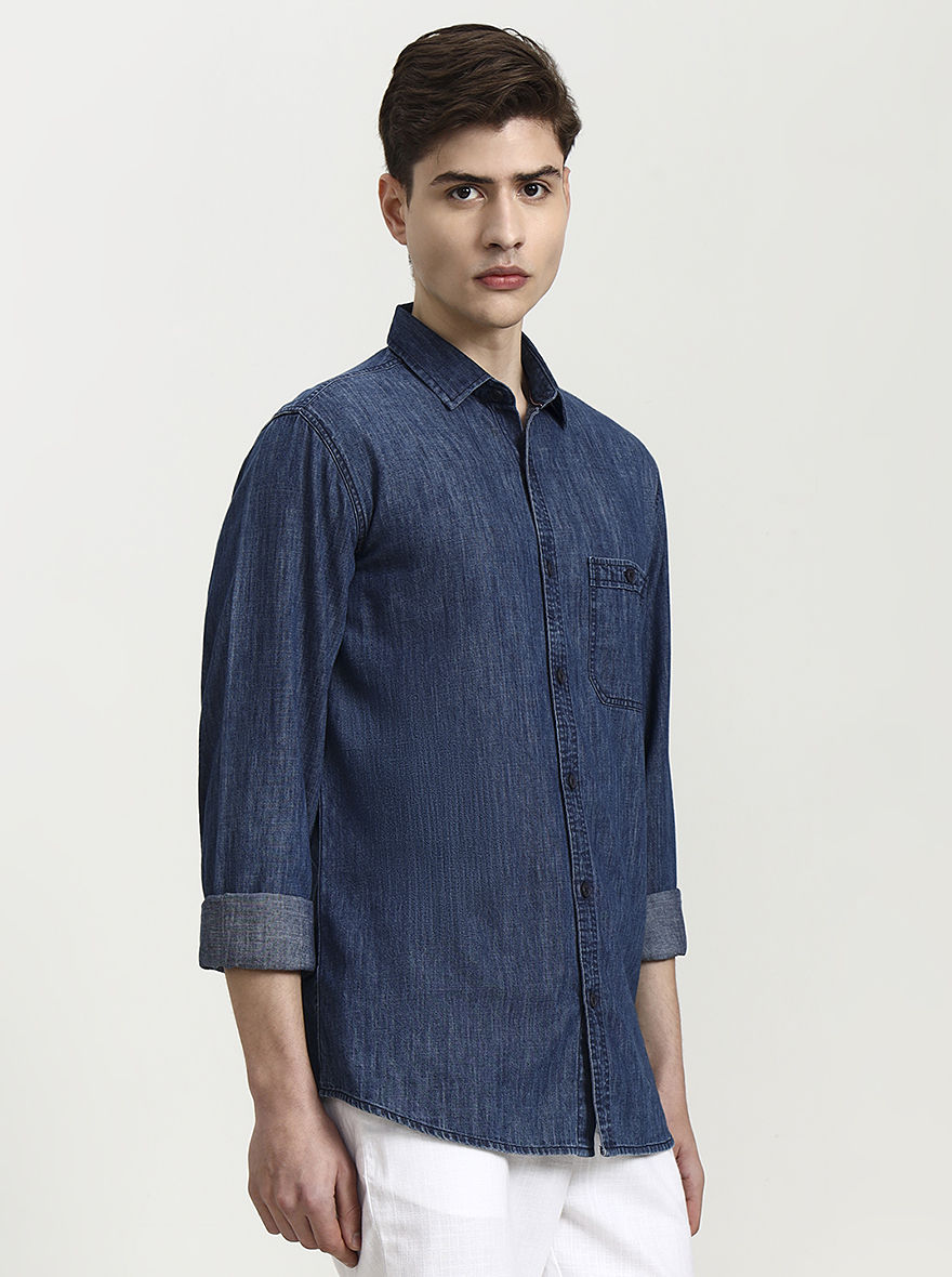 Navy Blue Solid Slim Fit Casual Shirt | JadeBlue