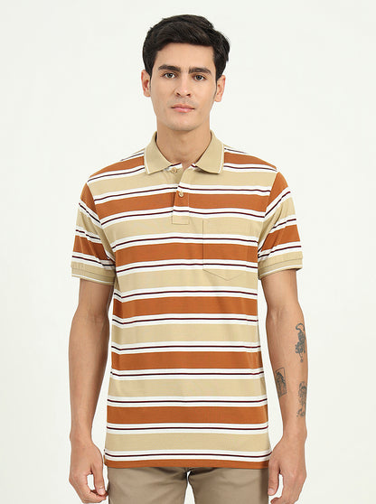 Brown & Beige Striped Slim Fit Polo T-Shirt | Greenfibre