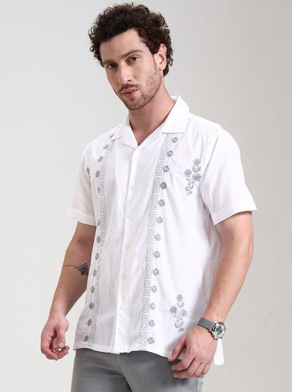 White Printed Slim Fit Casual Shirt | JadeBlue