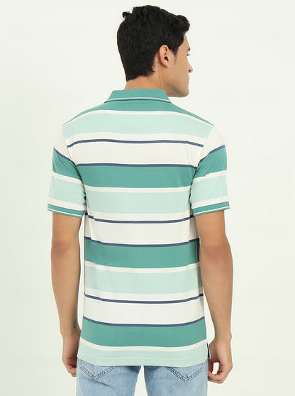 Sage Green & White Striped Slim Fit Polo T-Shirt | Greenfibre