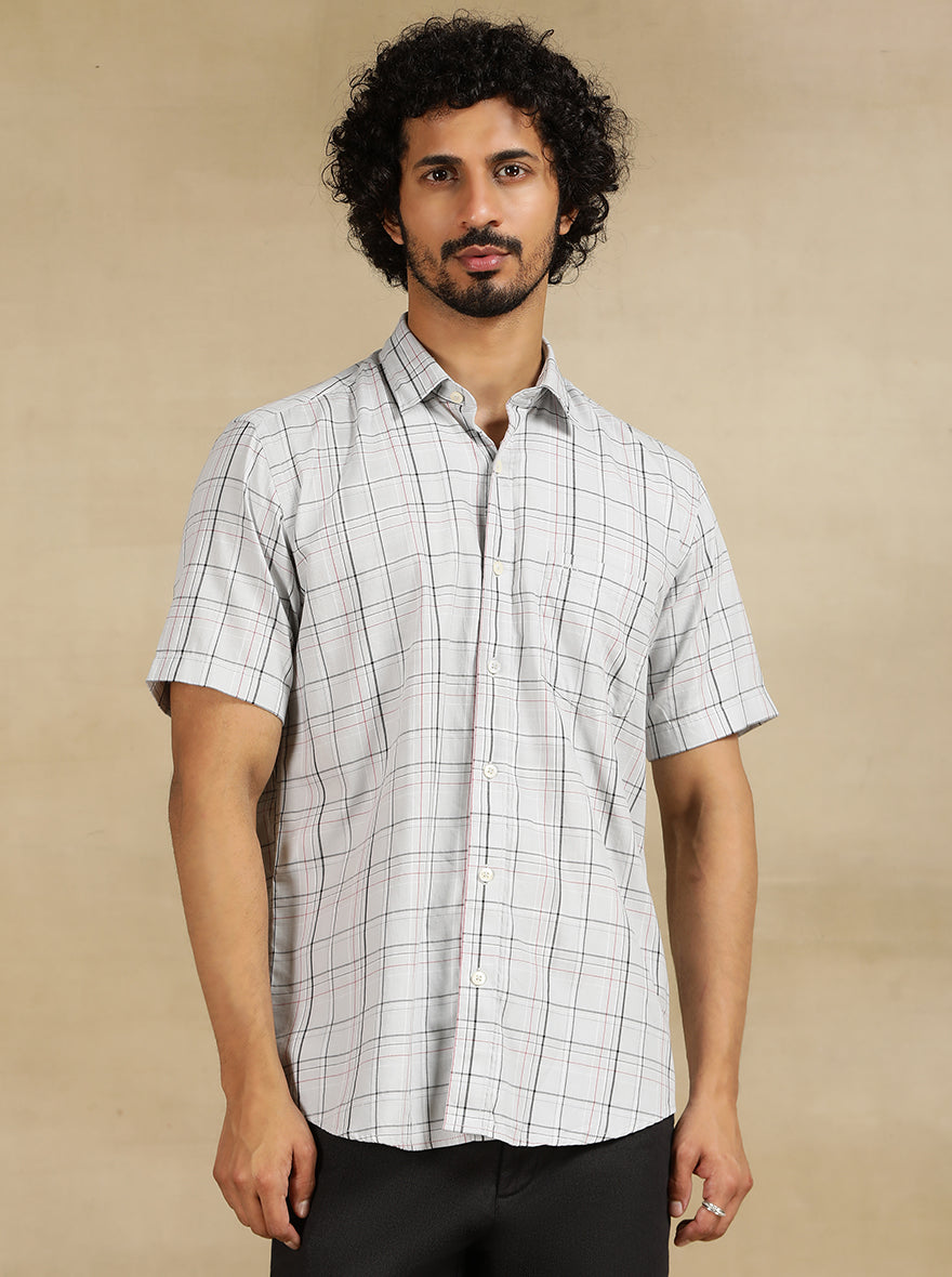 Light Grey Checked Tailored Fit Semi Casual Shirt | JadeBlue