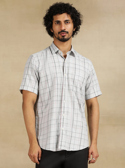 Light Grey Checked Tailored Fit Semi Casual Shirt | JadeBlue