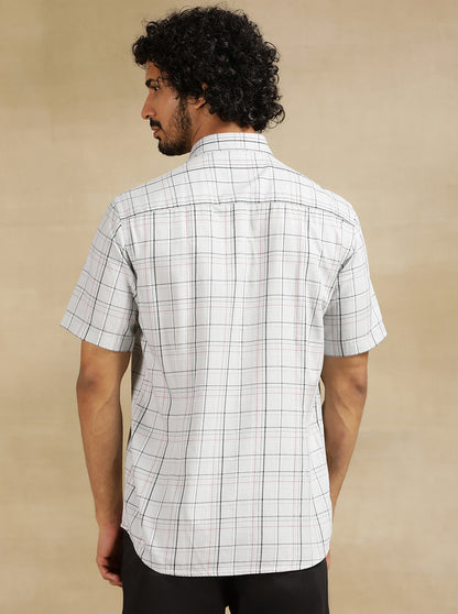 Light Grey Checked Tailored Fit Semi Casual Shirt | JadeBlue