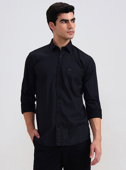 Navy Blue Printed Tailored Fit Semi Casual Shirt | JadeBlue