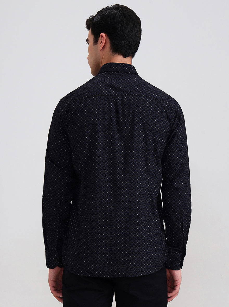 Navy Blue Printed Tailored Fit Semi Casual Shirt | JadeBlue