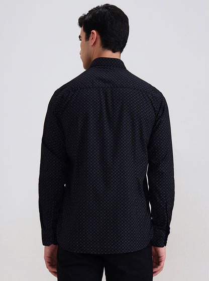 Navy Blue Printed Tailored Fit Semi Casual Shirt | JadeBlue