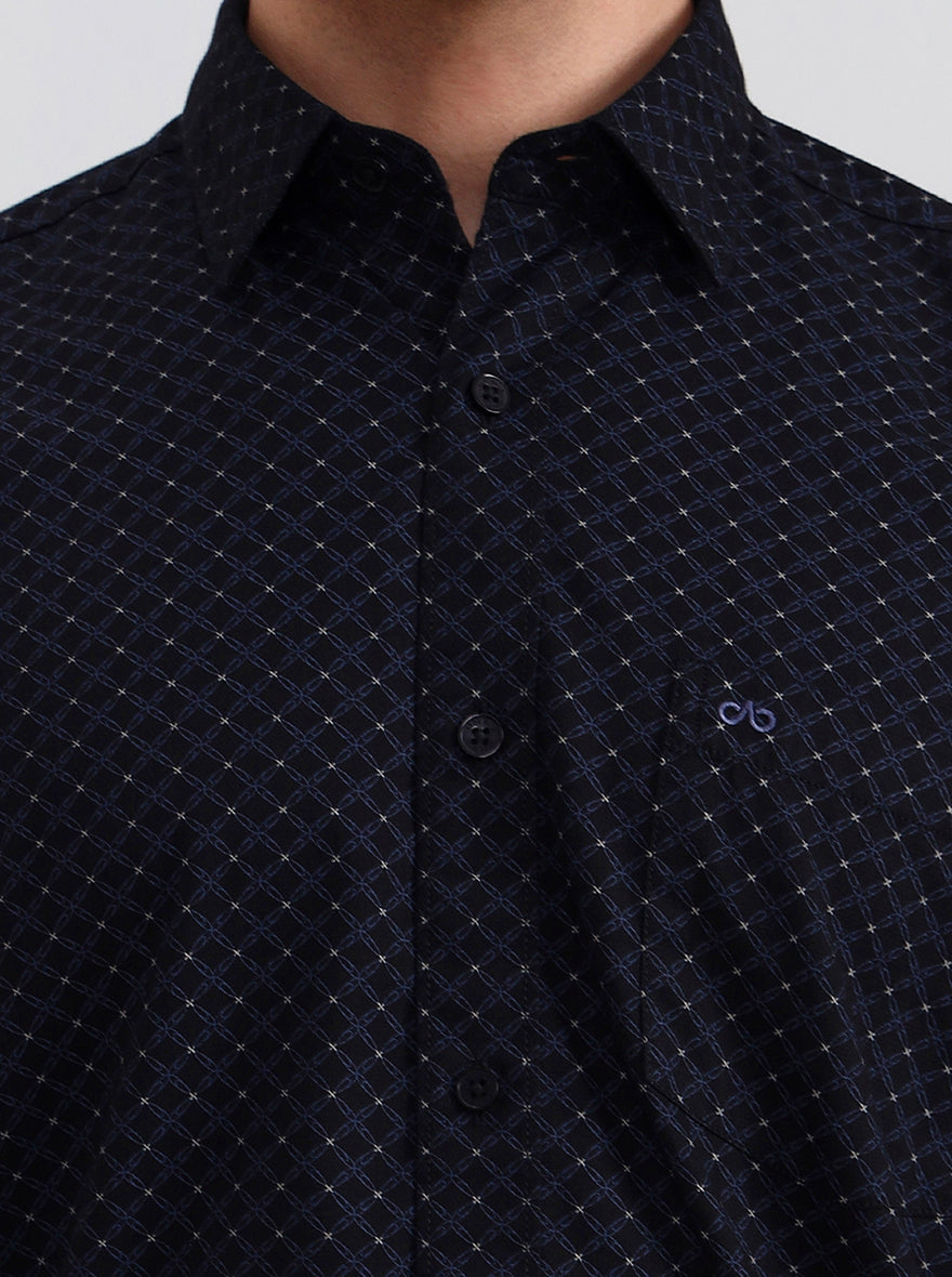 Navy Blue Printed Tailored Fit Semi Casual Shirt | JadeBlue