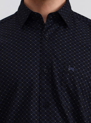 Navy Blue Printed Tailored Fit Semi Casual Shirt | JadeBlue