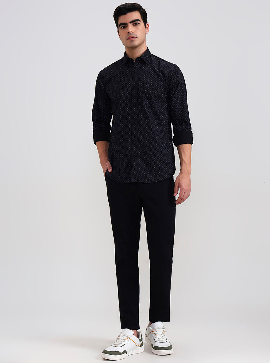 Navy Blue Printed Tailored Fit Semi Casual Shirt | JadeBlue