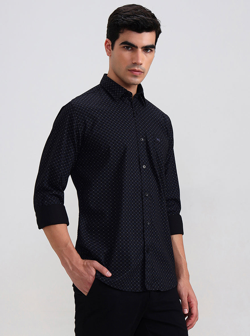 Navy Blue Printed Tailored Fit Semi Casual Shirt | JadeBlue