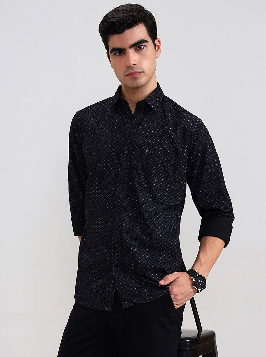 Navy Blue Printed Tailored Fit Semi Casual Shirt | JadeBlue