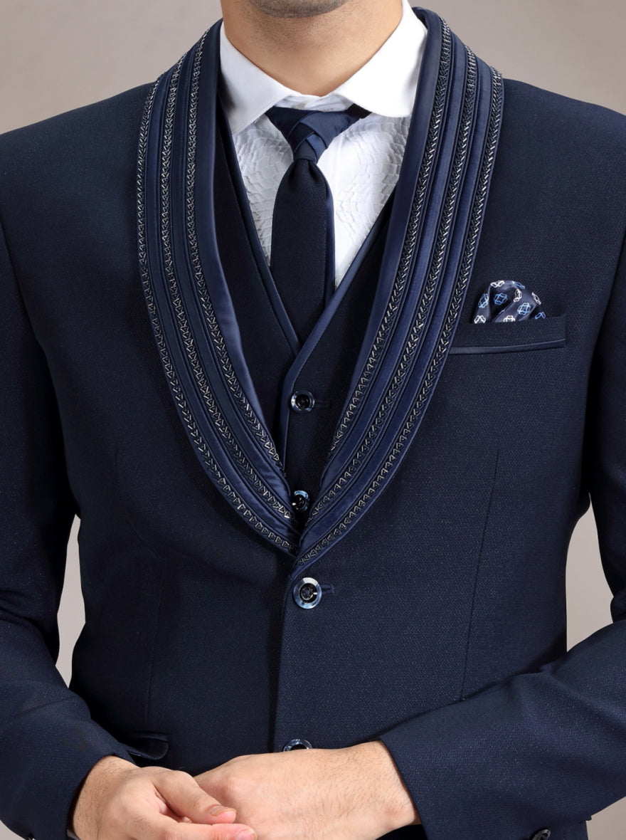 Blue Self Design & Placement Embroidery Suit | JadeBlue