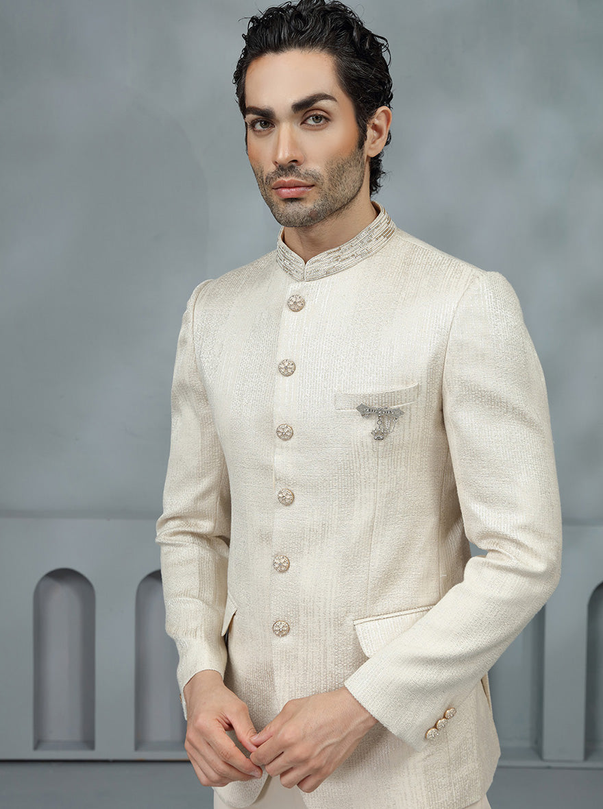 Fawn Self Design Jodhpuri Suit | TULA