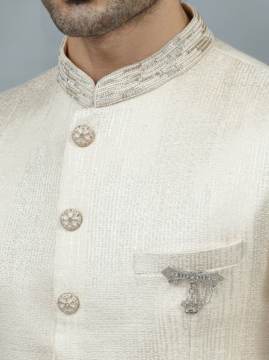 Fawn Self Design Jodhpuri Suit | TULA