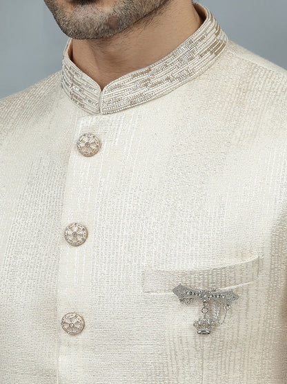 Fawn Self Design Jodhpuri Suit | TULA