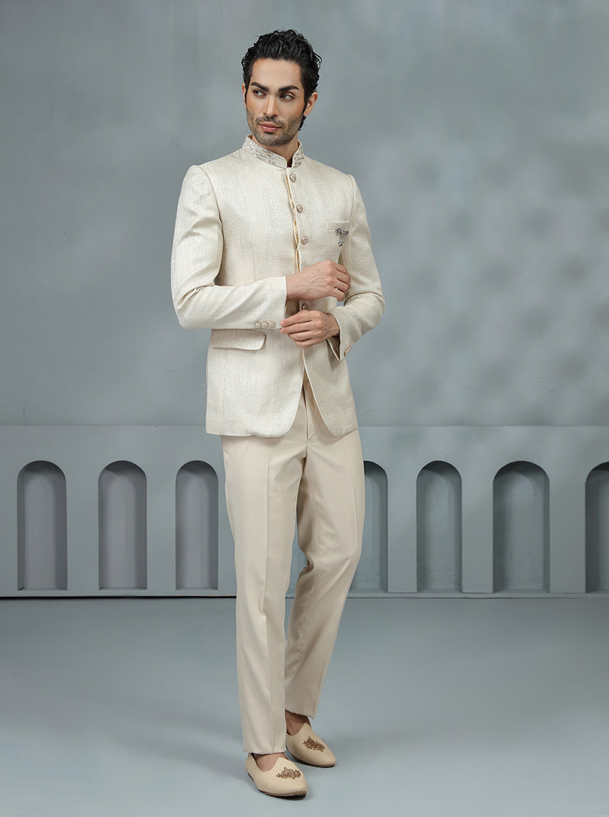 Fawn Self Design Jodhpuri Suit | TULA
