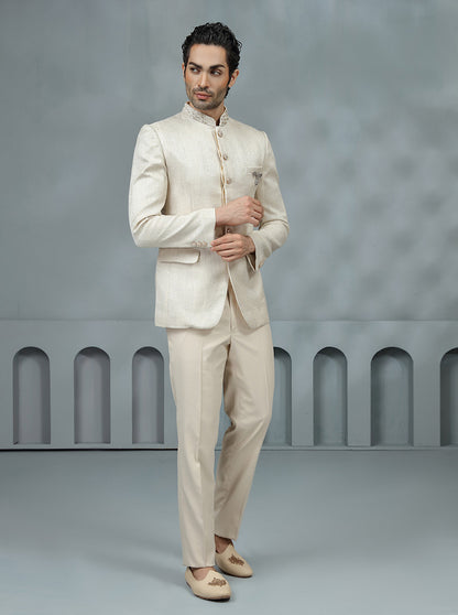 Fawn Self Design Jodhpuri Suit | TULA