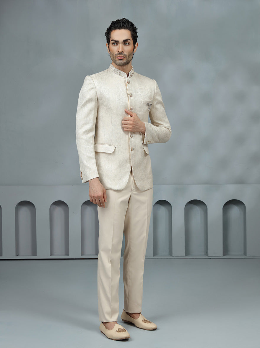 Fawn Self Design Jodhpuri Suit | TULA
