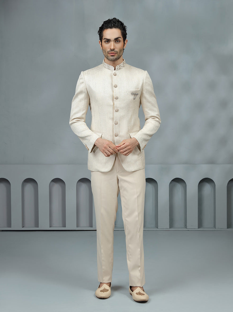 Fawn Self Design Jodhpuri Suit | TULA